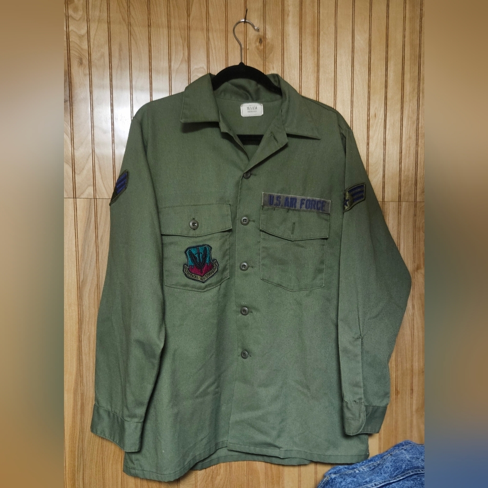Men's Olive Green Military Field Shirt Jacket with Patches